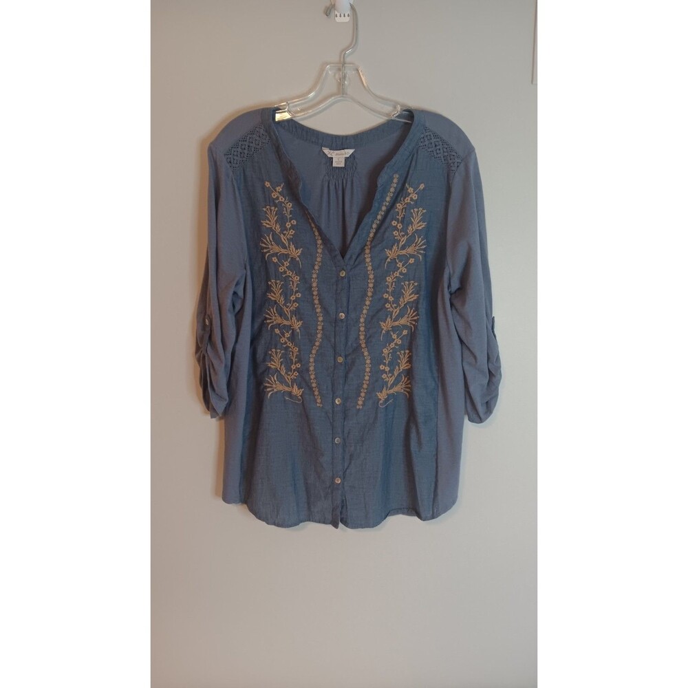 Khakis & Co Embroidered Button Up Shirt Blue Sz Large